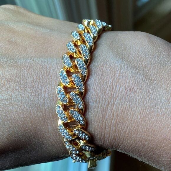 18K Gold Plated and Crystal Cuban Link Bracelet - Picture 5 of 11